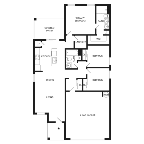 Floor plan for 3 beds, 2 baths, 1338 sqft
